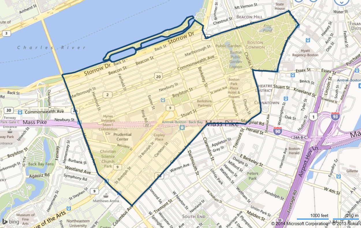 Karta av back bay i Boston Back Bay i Boston karta (Usa)